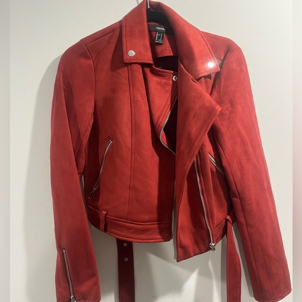 Red suede women’s small jacket with attached belt tie